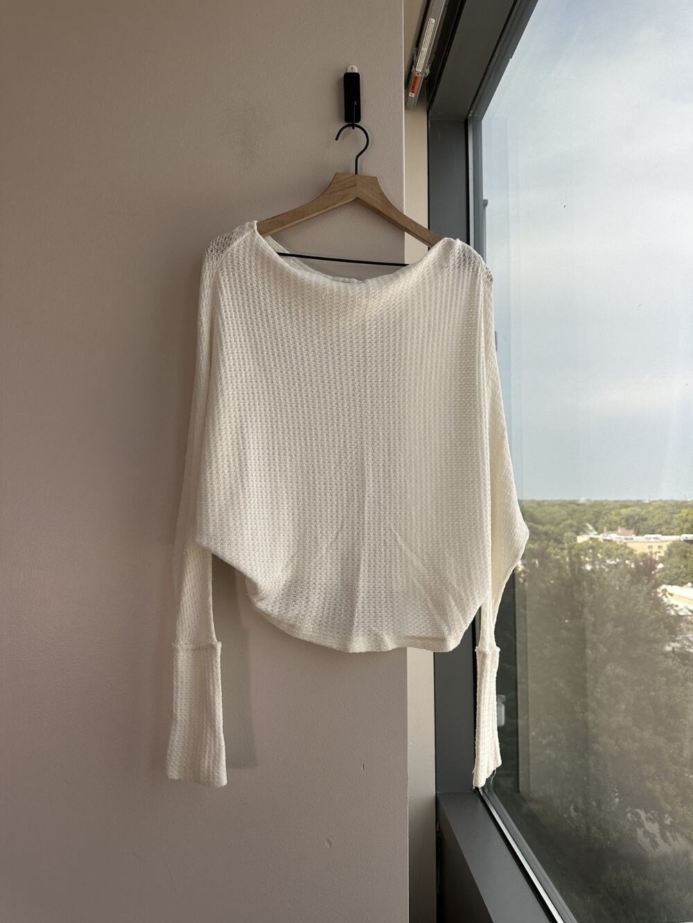 Free People White Drippy Mercury Waffle Knit Oversized Boho Casual Top Sz SP